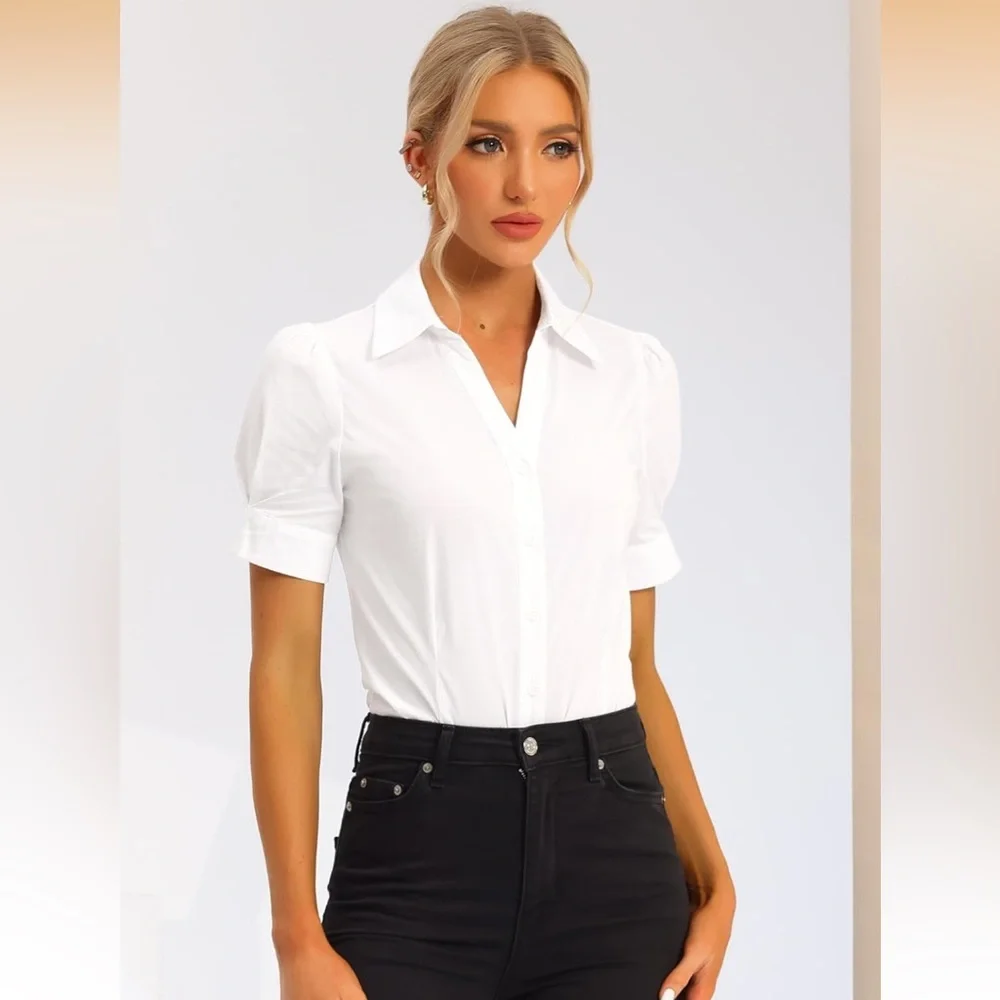 Allegra K Women's Bodysuit Button Down Collared Short Sleeve  S 845-11 - Picture 2 of 8